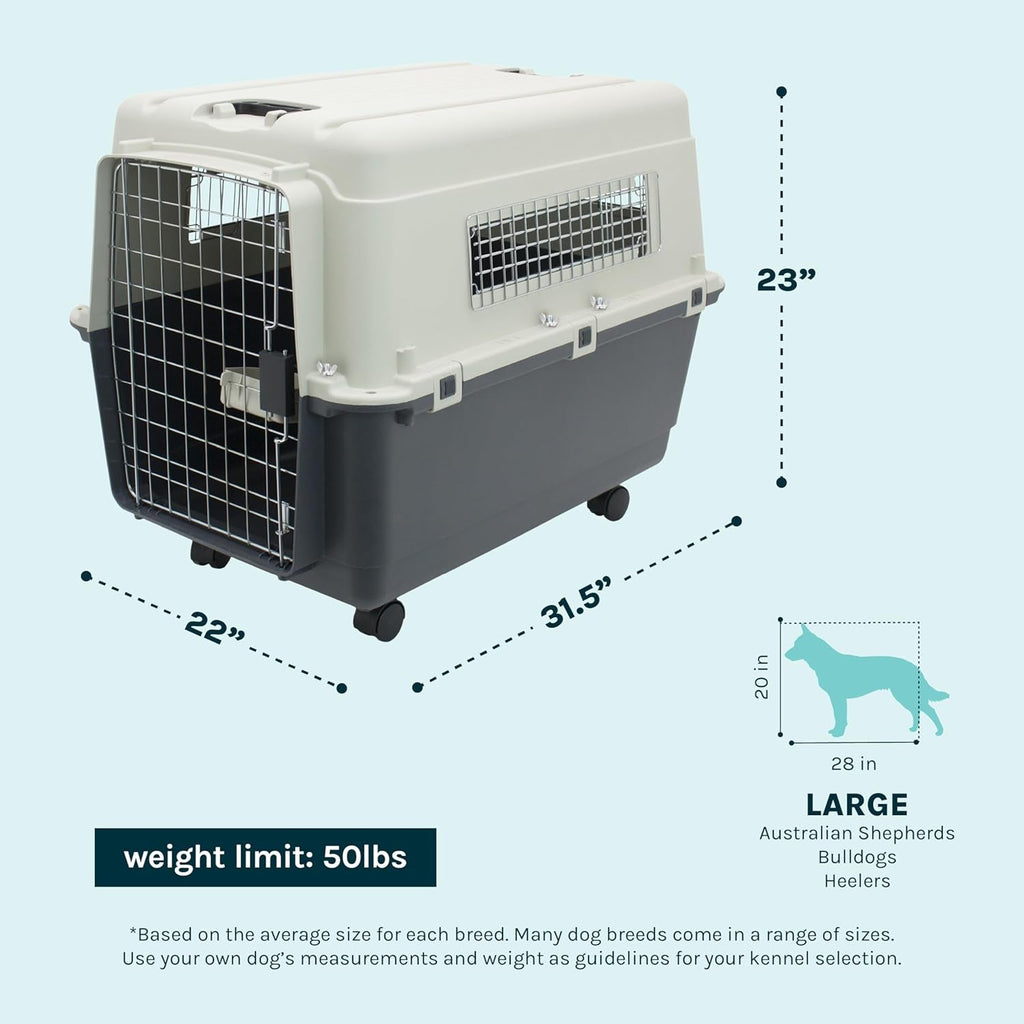 Sportpet Airline Compliant LARGE 28.75" Travel Dog Kennel-Durable Plastic Airline Pet Carrier W/ Removable Wheels & Food Bowls, Collapsible Indoor/Outdoor Dog Kennel, Dogs up to 28"L & 20"H-Cream/Gray