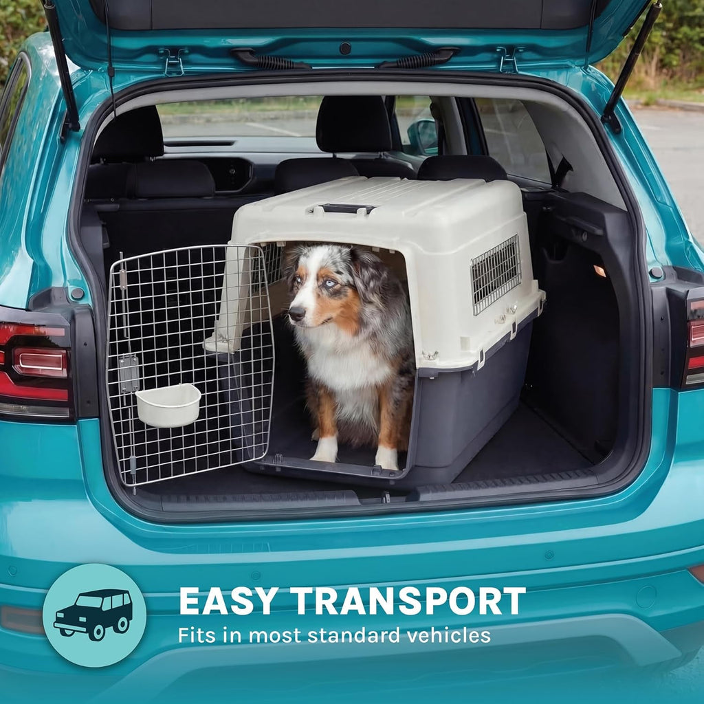 Sportpet Airline Compliant LARGE 28.75" Travel Dog Kennel-Durable Plastic Airline Pet Carrier W/ Removable Wheels & Food Bowls, Collapsible Indoor/Outdoor Dog Kennel, Dogs up to 28"L & 20"H-Cream/Gray