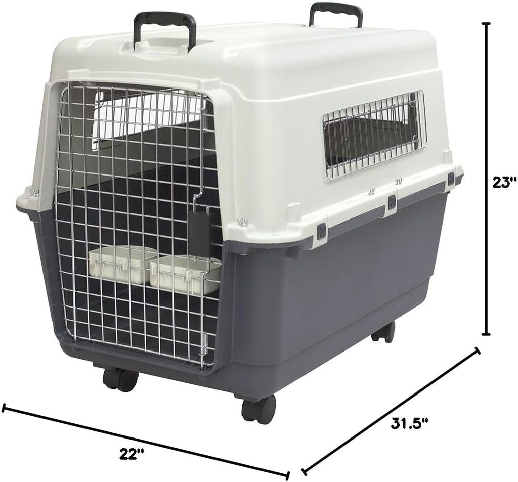 Sportpet Airline Compliant LARGE 28.75" Travel Dog Kennel-Durable Plastic Airline Pet Carrier W/ Removable Wheels & Food Bowls, Collapsible Indoor/Outdoor Dog Kennel, Dogs up to 28"L & 20"H-Cream/Gray