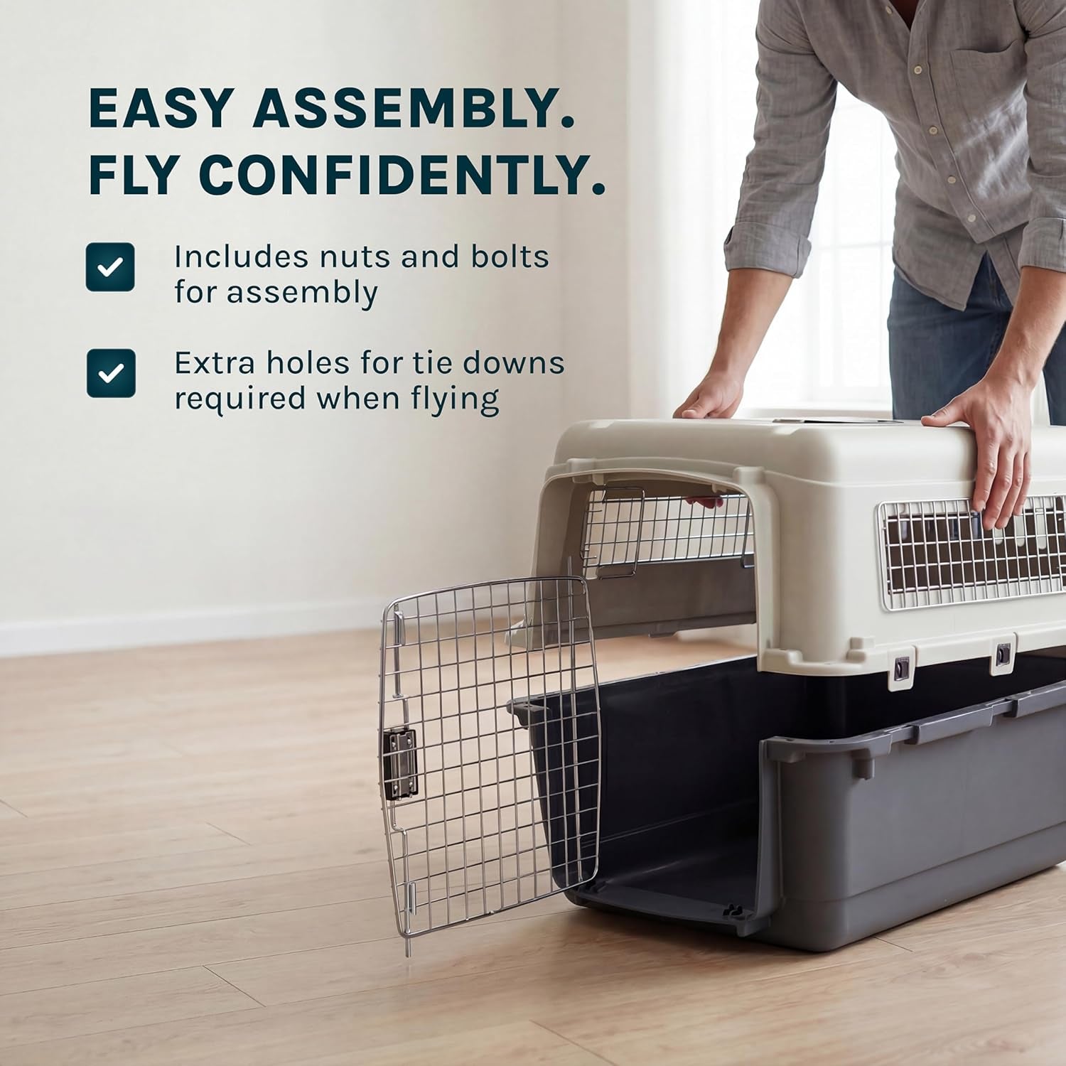 Sportpet Airline Compliant LARGE 28.75" Travel Dog Kennel-Durable Plastic Airline Pet Carrier W/ Removable Wheels & Food Bowls, Collapsible Indoor/Outdoor Dog Kennel, Dogs up to 28"L & 20"H-Cream/Gray