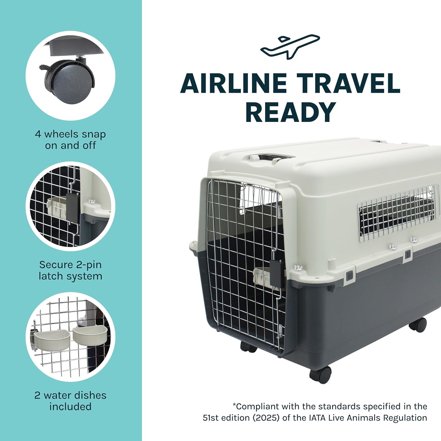 Sportpet Airline Compliant LARGE 28.75" Travel Dog Kennel-Durable Plastic Airline Pet Carrier W/ Removable Wheels & Food Bowls, Collapsible Indoor/Outdoor Dog Kennel, Dogs up to 28"L & 20"H-Cream/Gray