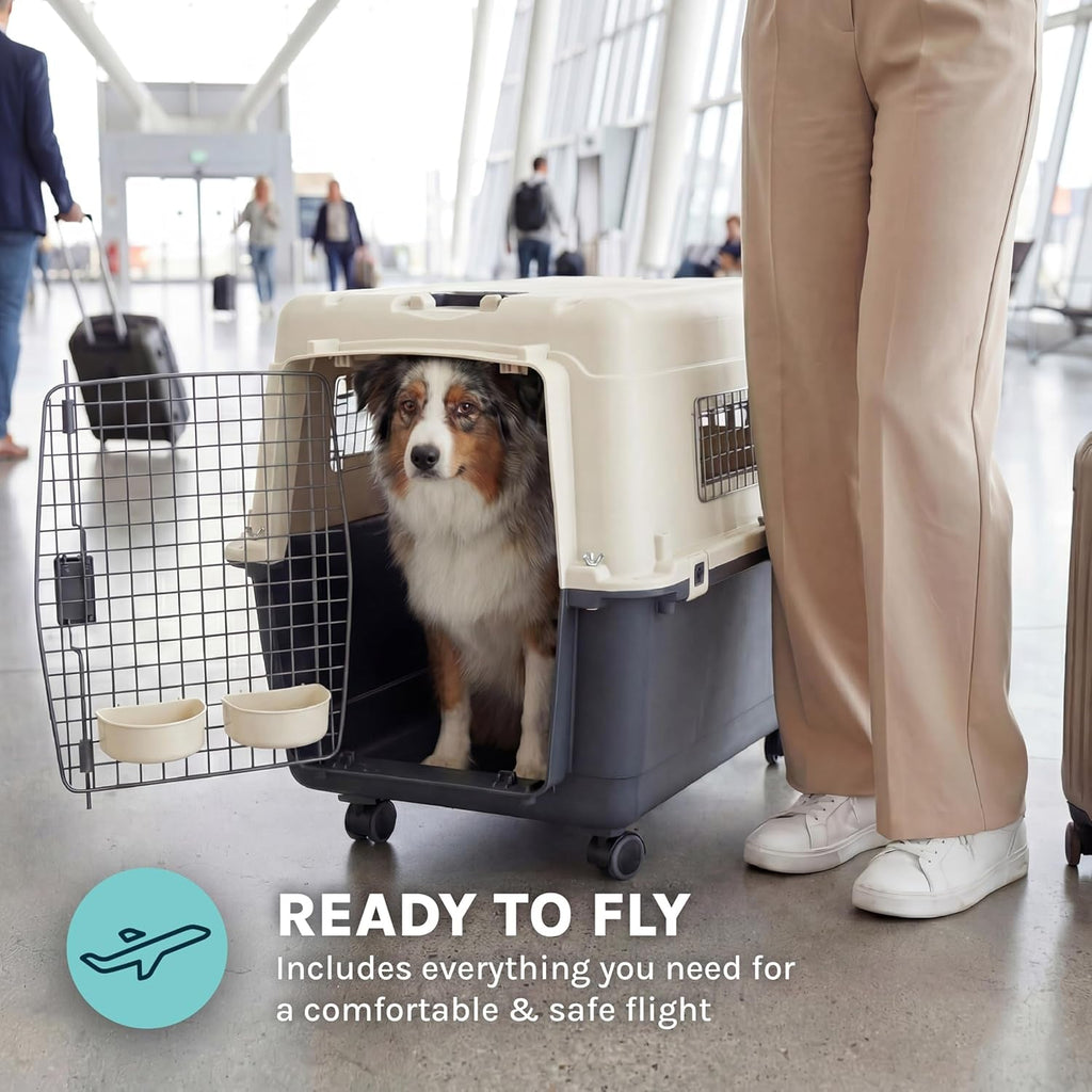 Sportpet Airline Compliant LARGE 28.75" Travel Dog Kennel-Durable Plastic Airline Pet Carrier W/ Removable Wheels & Food Bowls, Collapsible Indoor/Outdoor Dog Kennel, Dogs up to 28"L & 20"H-Cream/Gray