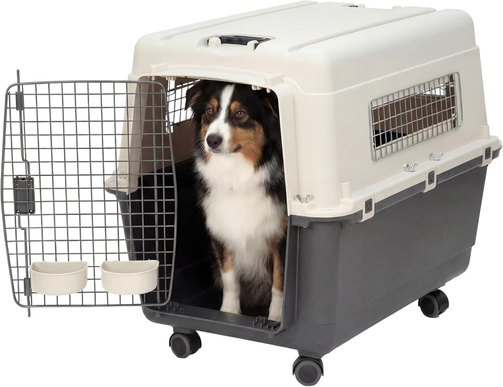 Sportpet Airline Compliant LARGE 28.75" Travel Dog Kennel-Durable Plastic Airline Pet Carrier W/ Removable Wheels & Food Bowls, Collapsible Indoor/Outdoor Dog Kennel, Dogs up to 28"L & 20"H-Cream/Gray